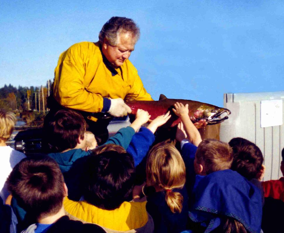 Kids checking out the Coho salmon