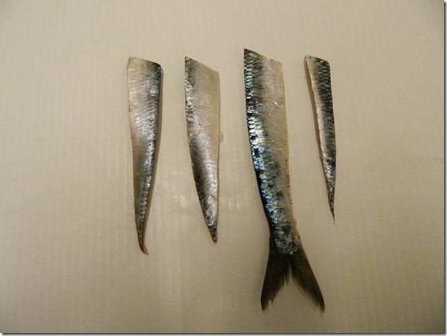 L to R: Super Strip - thinner from head to tail and triangle-shaped usually cut off the left side of the herring; Large Strip- less triangular in shape and a bit thicker it was usually cut off the right side of the herring; A variation of Tyee Strip which includes the tail of the herring and Tiny Strip cut narrower, shorter and triangular in shape. Via Tom Davis.