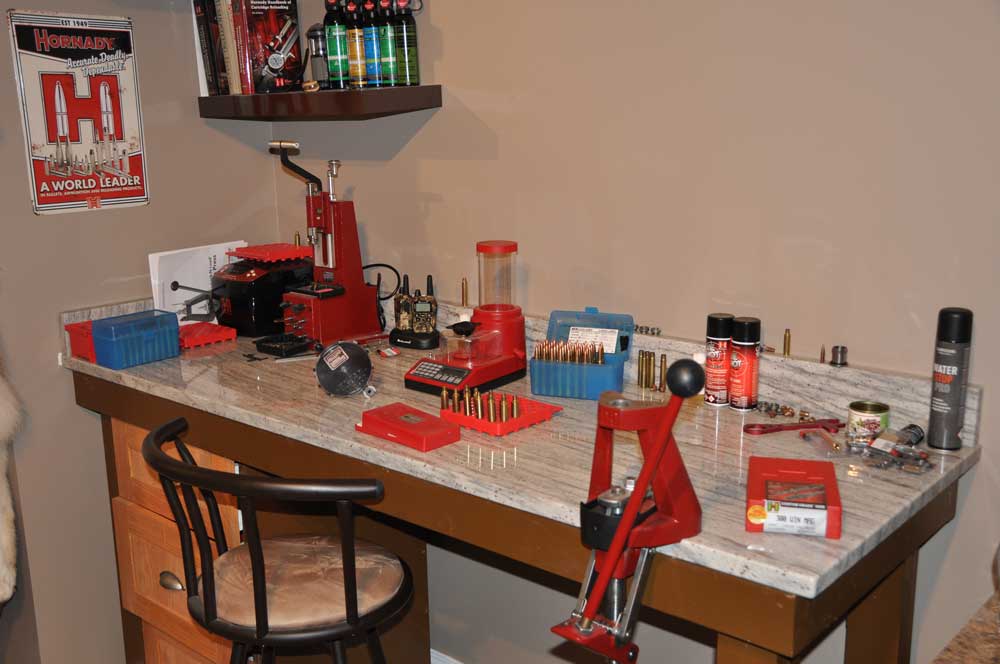 The author’s reloading bench is sturdy and well set up. Credit: T.J. Schwanky.