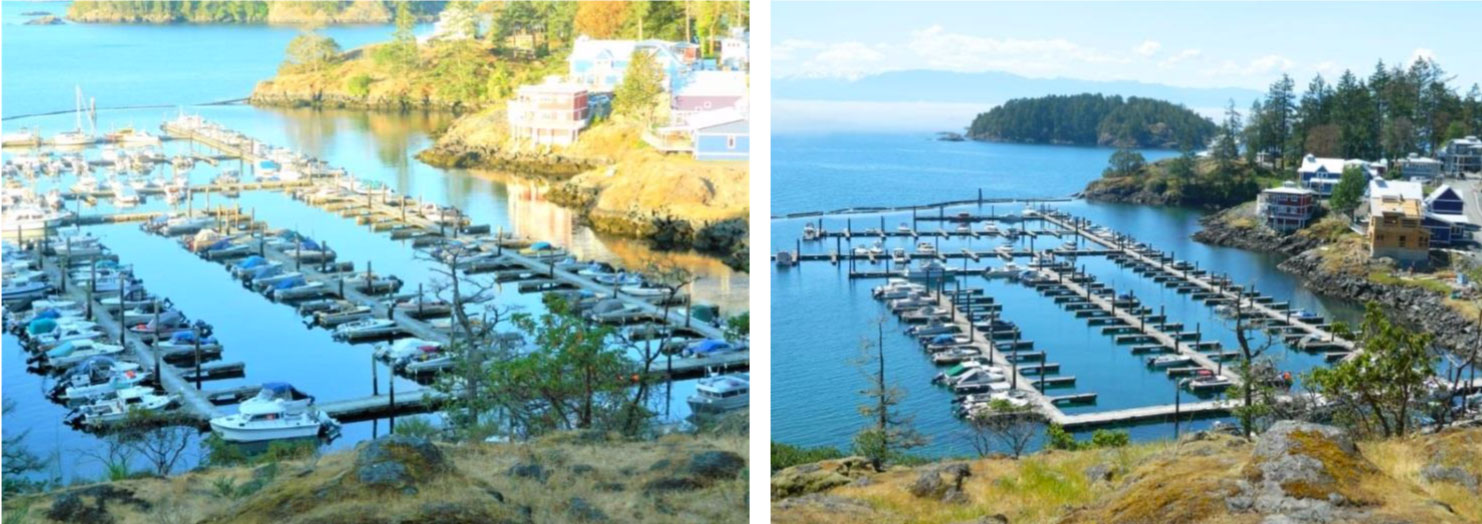 Comparison of fishing boats moored at Cheanuh Marina on the Sc’ianew (Beecher Bay) First Nation Reserve in East Sooke (Left picture taken Jun 2018 – right picture taken May 2019)