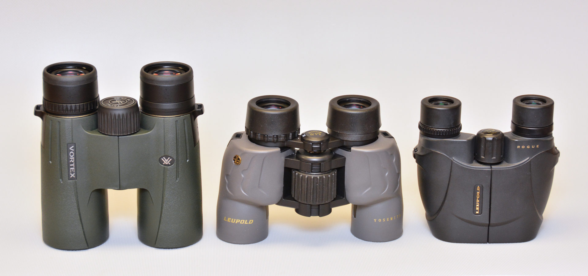 Binoculars use one of two basic designs: roof prism (left) or Porro prism (centre). The Porro prism design can also be reversed (right) to make a compact binocular.