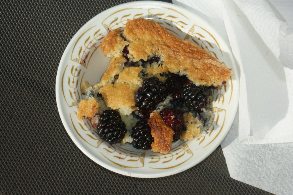 A bowl of blackberry cobbler.