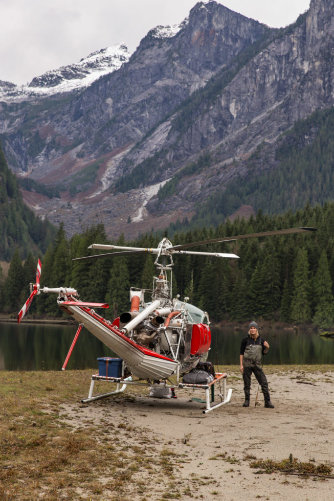 Ready to cast some lines after landing in the Turbine Hiller HL2T helicopter.