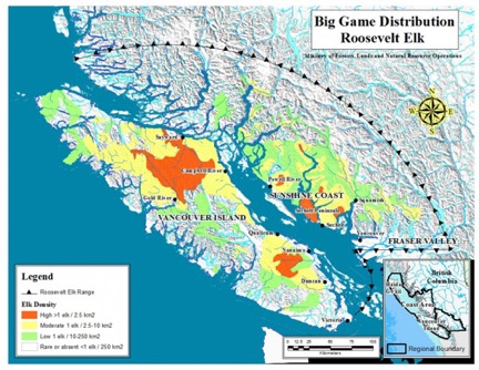 This illustration shows the population distribution of Roosevelt elk within their range.