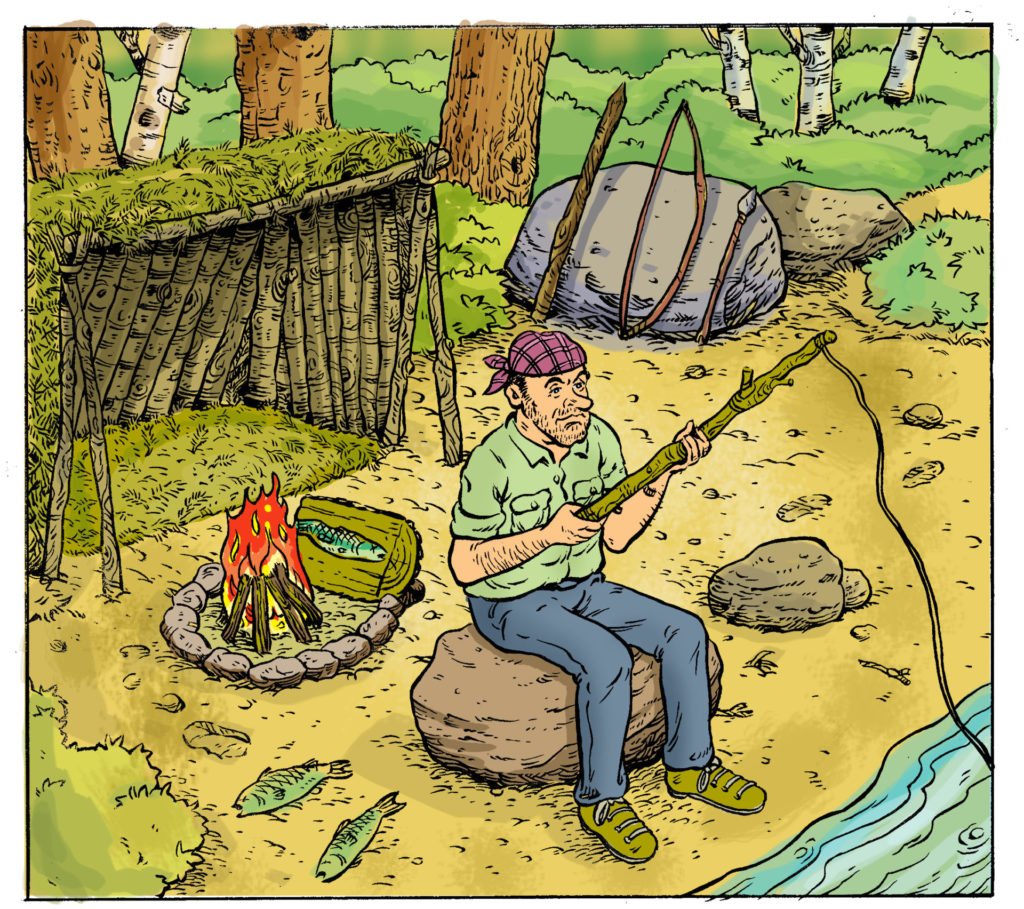 The "skills" taught on survival shows are not always accurate or safe to attempt. Illustration by Keith Milne and Gord Coulthart.