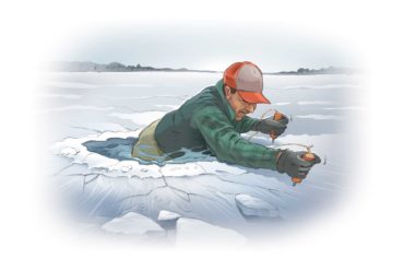 The key to surviving a fall through the ice is preparation. A pair of ice grippers could save your life. Illustration By Mike Del Rizzo.