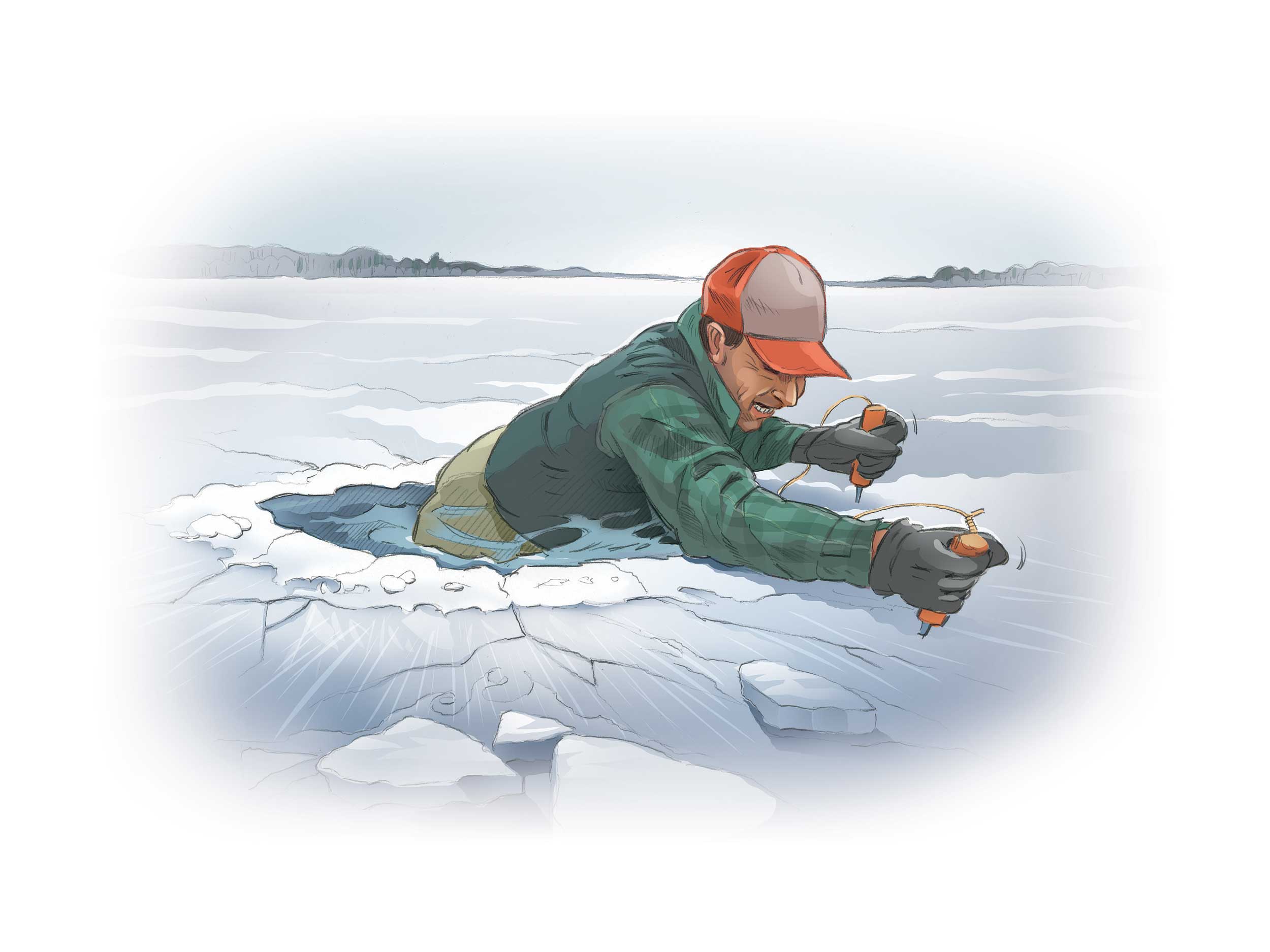 The key to surviving a fall through the ice is preparation. A pair of ice grippers could save your life. Illustration By Mike Del Rizzo.