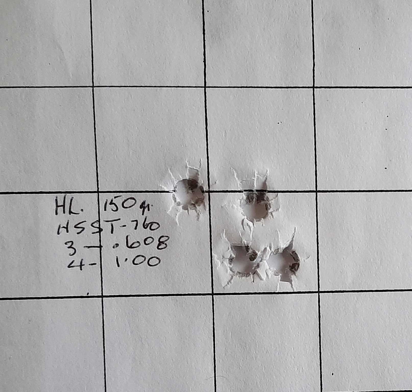 Handloaded, 150-grain Hornady SSTs and Winchester 760 powder provided the best group, with an initial three-shot group at .608 inches, and a four-shot one-inch group.