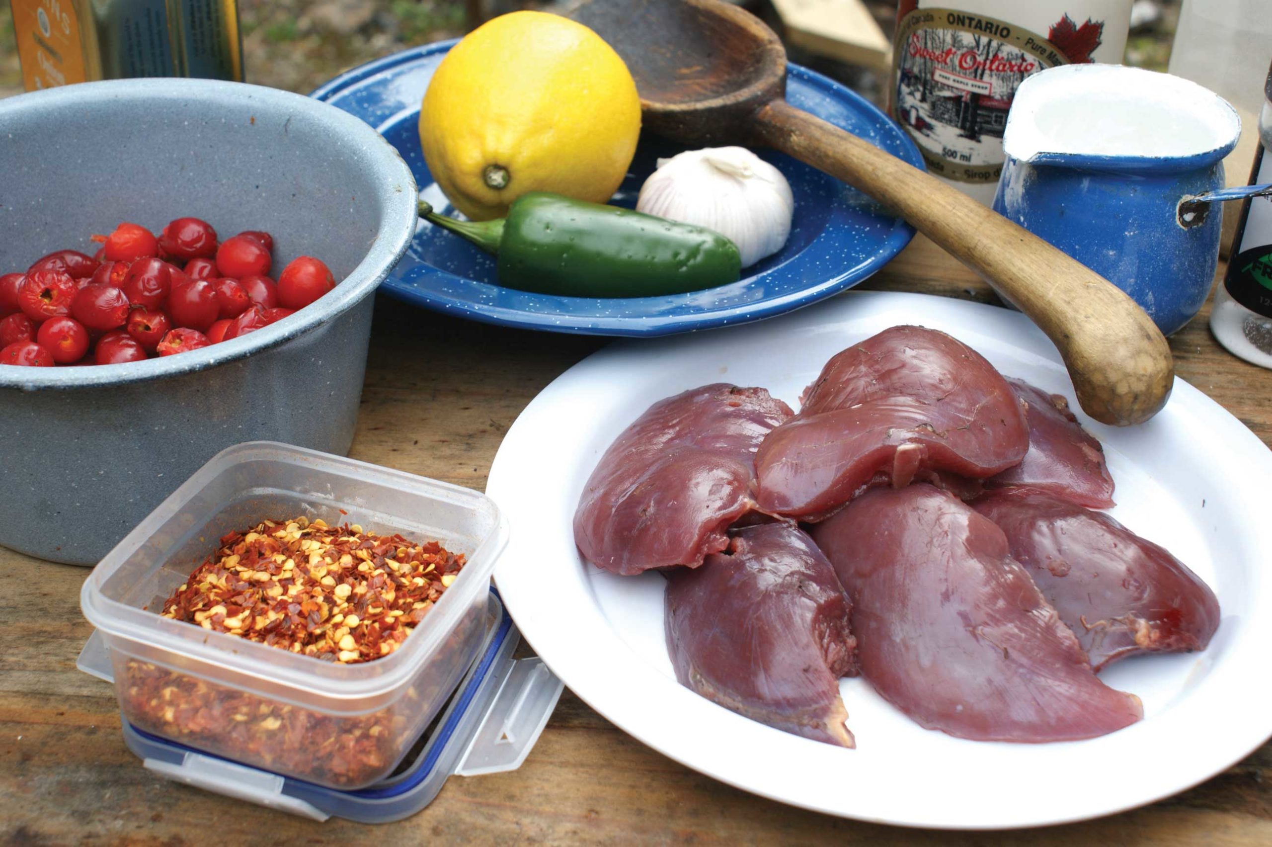 Grouse and rosehip supper fixings.