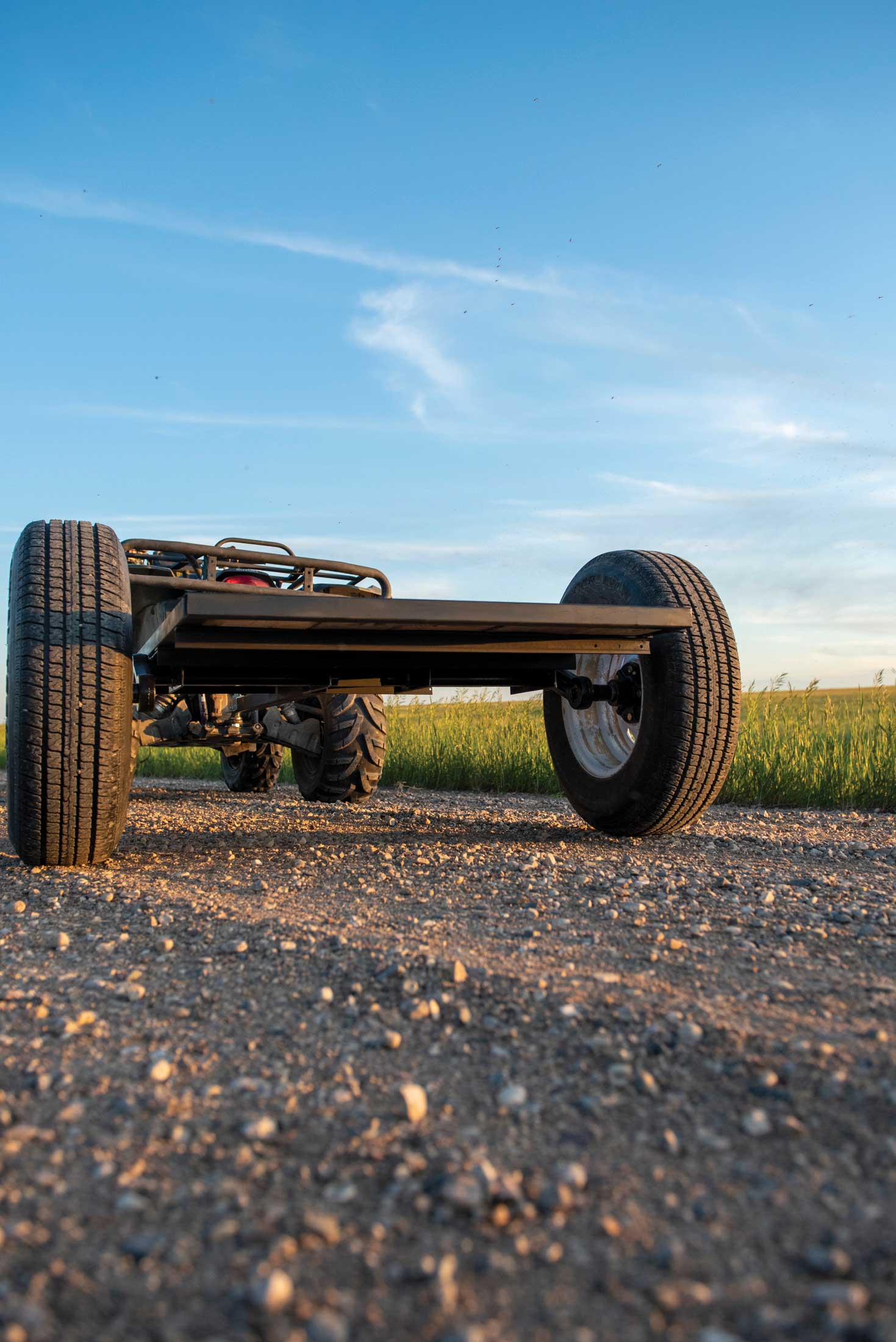 The final product, showing clearance, axel assembly and tires.