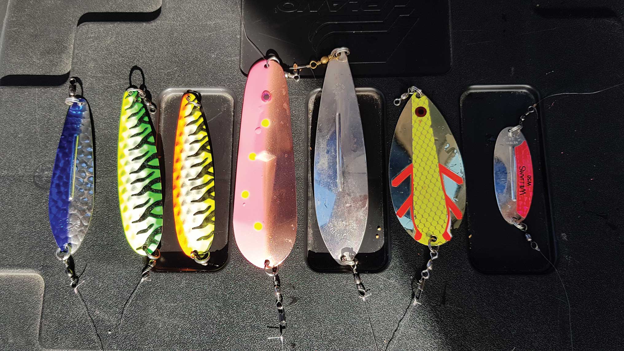 A selection of lures to use when ice fishing for kokanee.