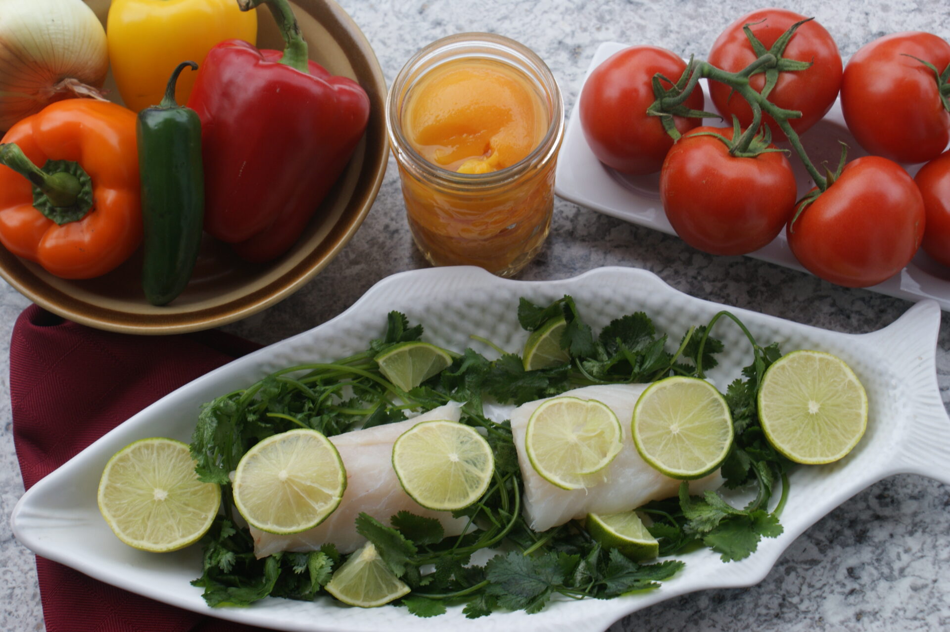 Ingredients for halibut with peach salsa – a delicious example of BC’s fresh harvests.