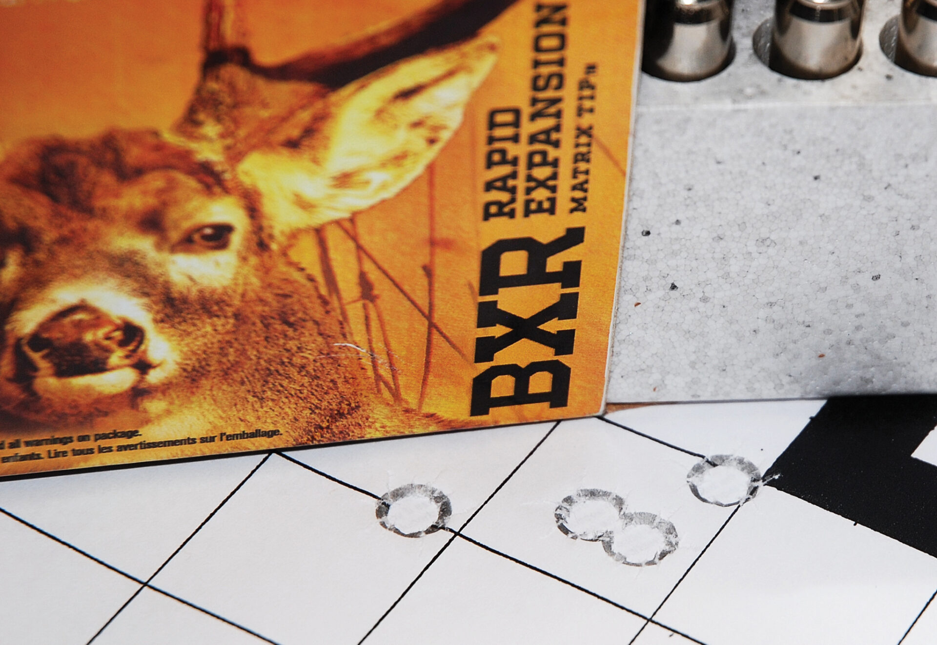 Browning BXR 155-grain Rapid Expansion provided the best overall accuracy in the XPR, with the first two shots touching. The third was a pull and the fourth dropped back into a .650-inch 100-yard group.