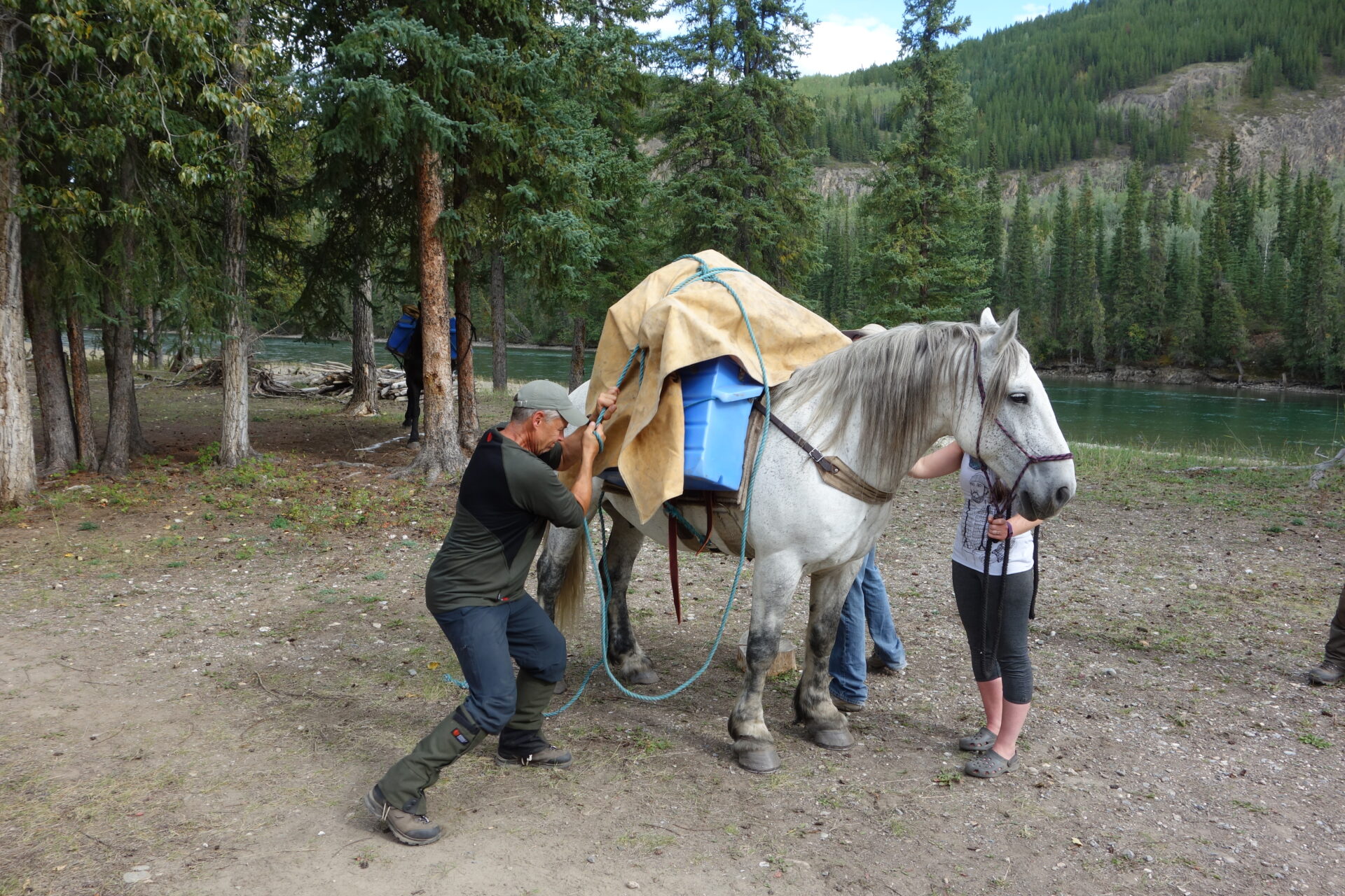 The author putting some tension on a diamond hitch.