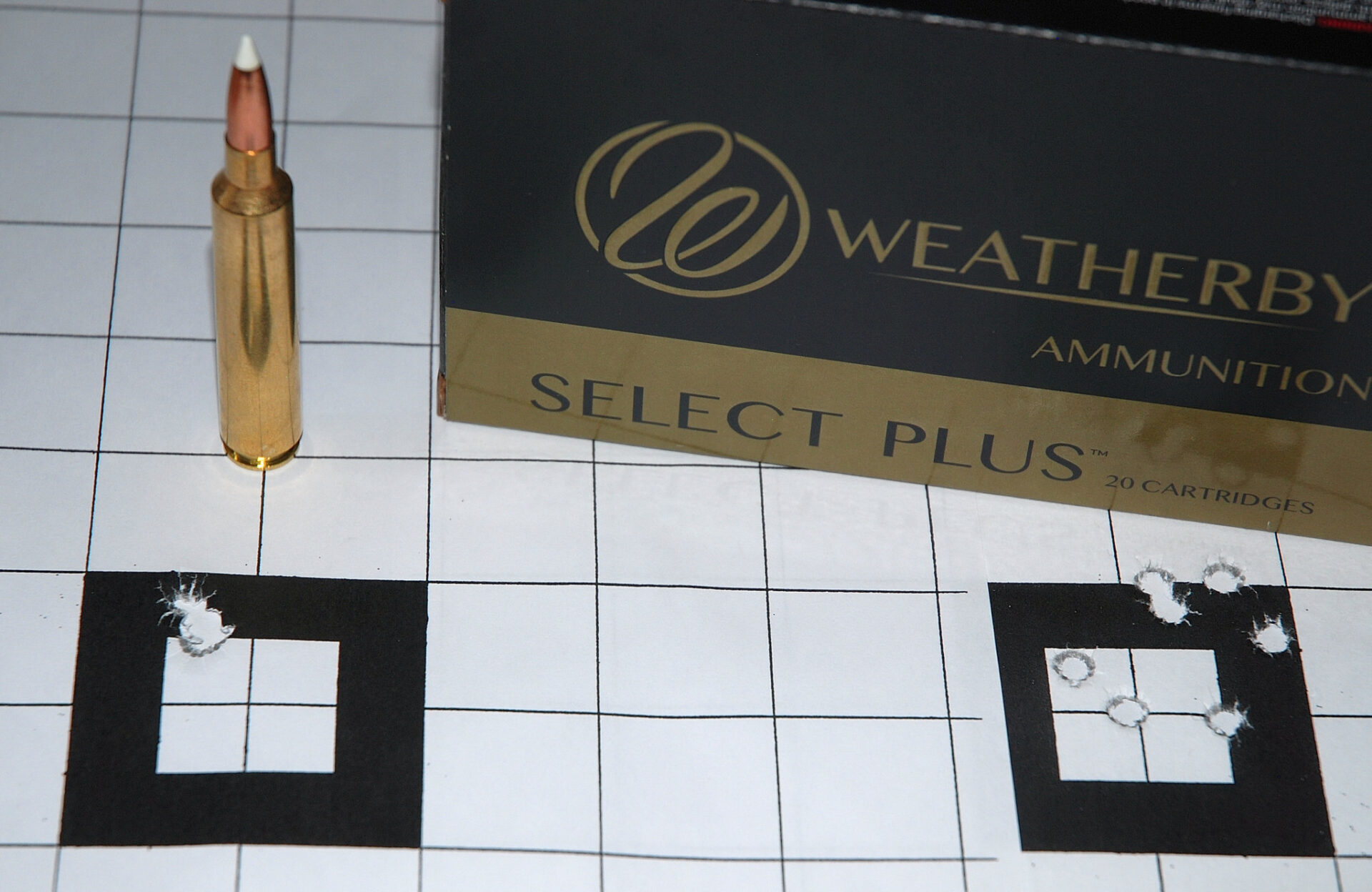 Weatherby’s 140-grain AccuBond ammunition delivered the cold-barrel, three-shot .292-inch group on the left and the hot-barrel, seven-shot 1.160-inch group on the right. When overlapped, all 10 grouped into 1.160 inches.