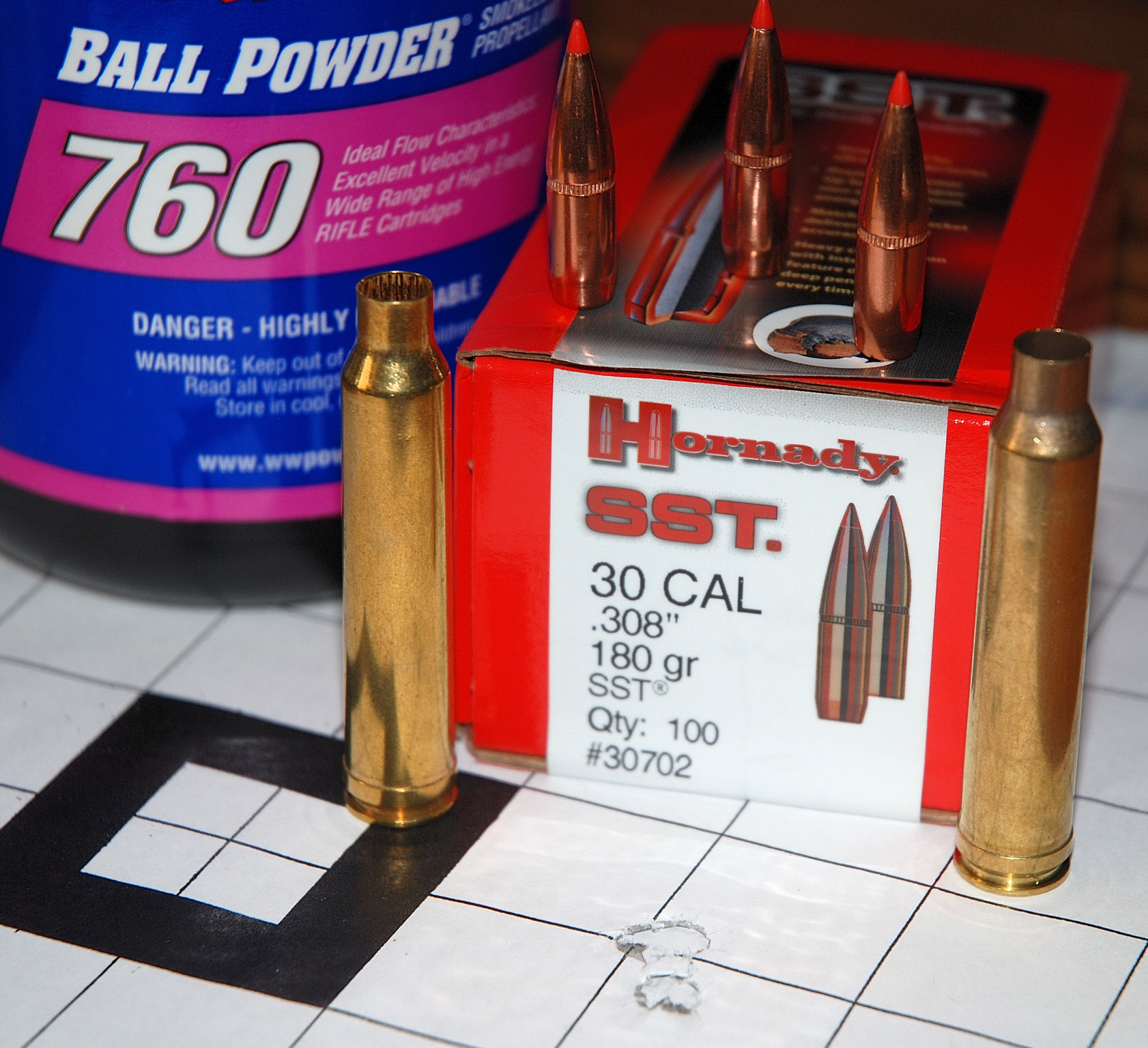 Hornady bullets, brass and Winchester 760 powder combined to deliver this outstanding .395-inch 100-yard group.