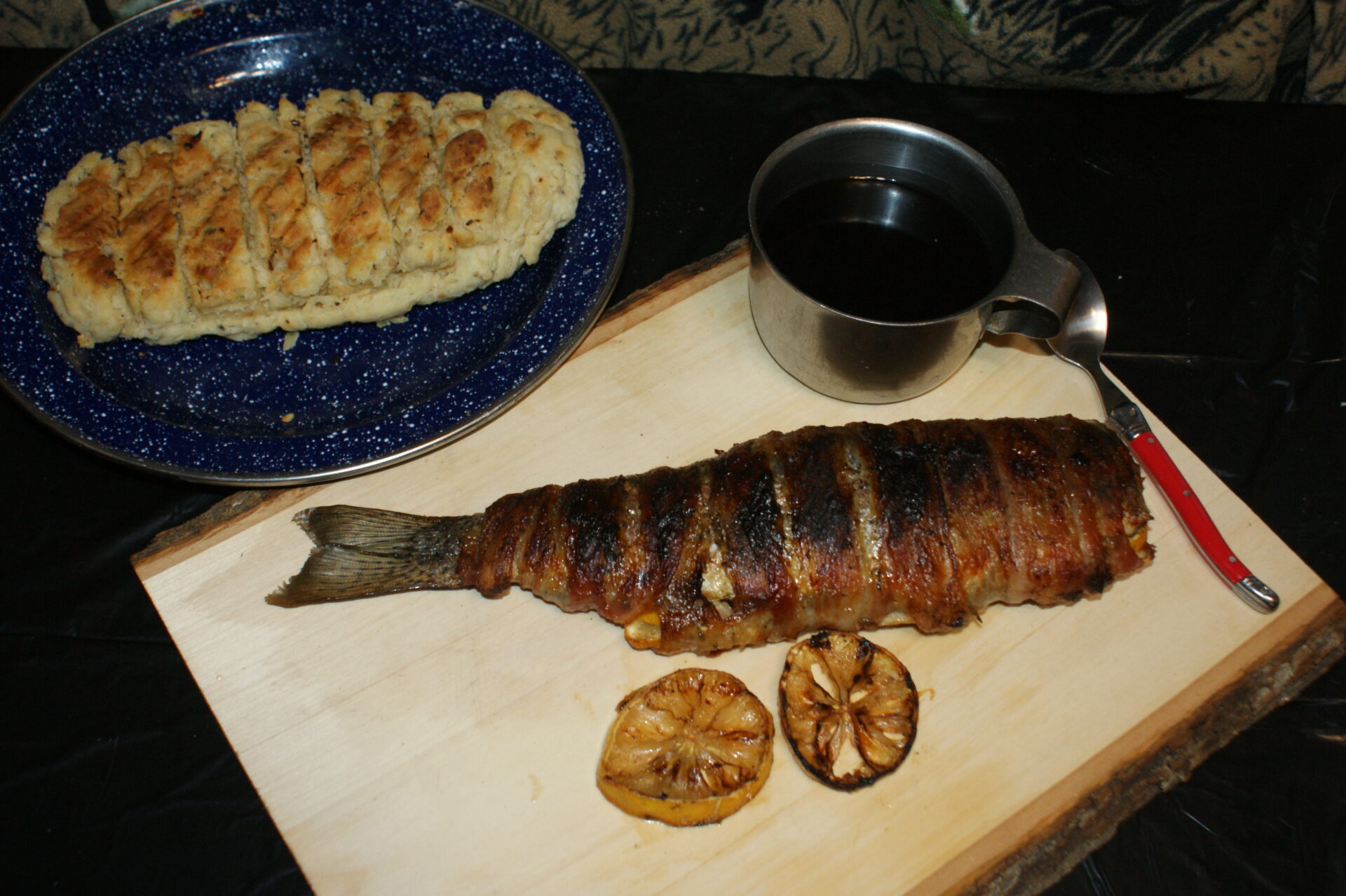 The finished product, with a side of cheesy-onion quick bread.