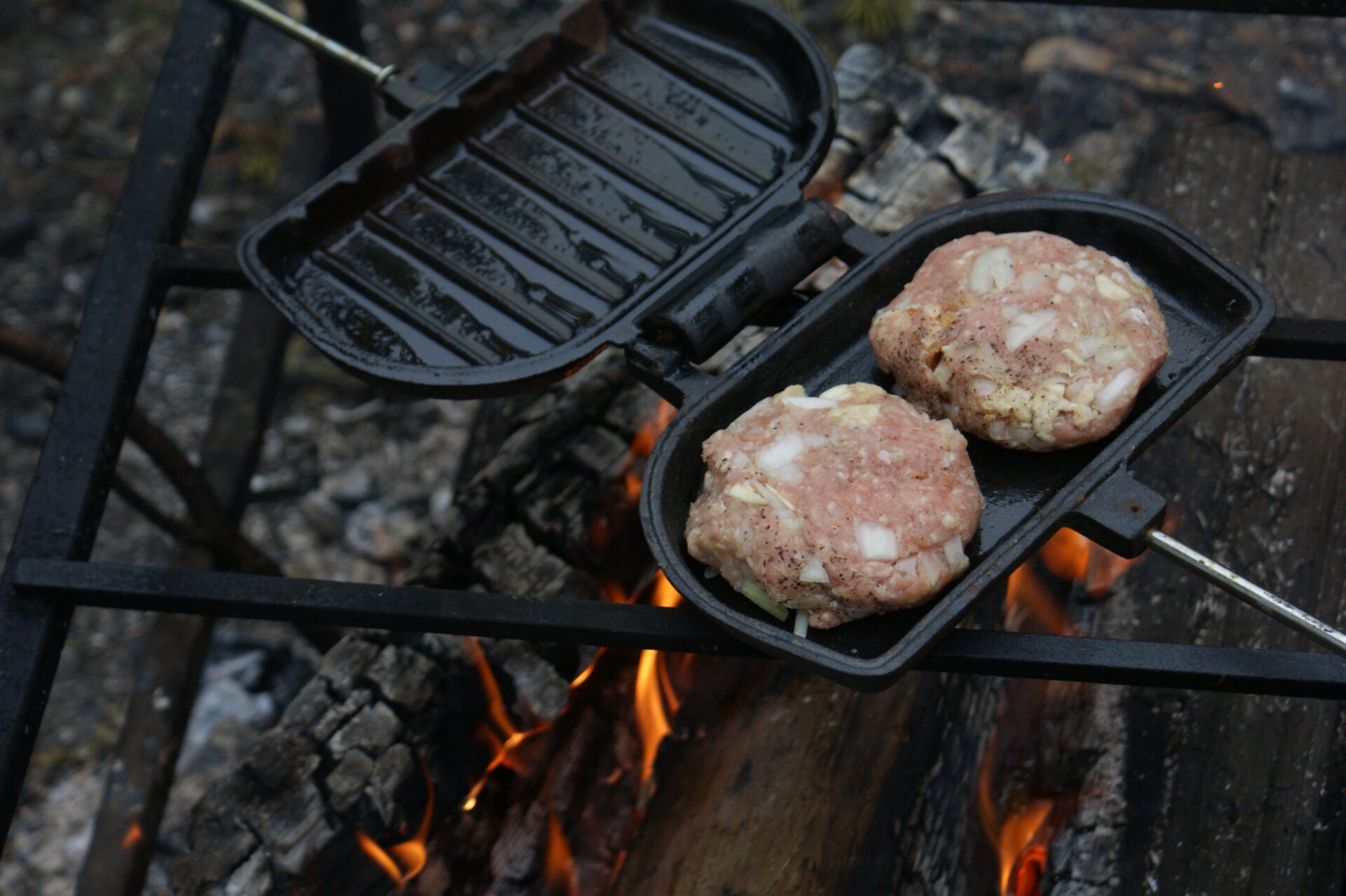 Pie iron meat patties.